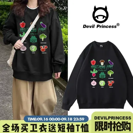 日系oversize韩版原宿风卡通圆领卫衣女2023春秋薄款慵懒套头上衣商品大图