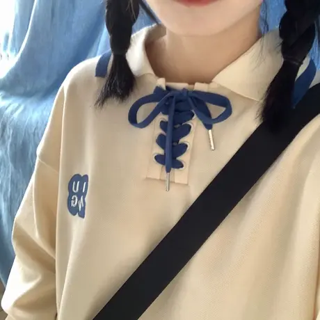 polo领卫衣女小个子春秋薄款学生宽松慵懒风欧美复古vibe落肩上衣图片