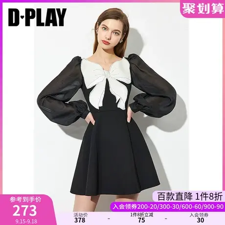 DPLAY秋装季新黑色重工蝴蝶结绣花气质连衣裙图片