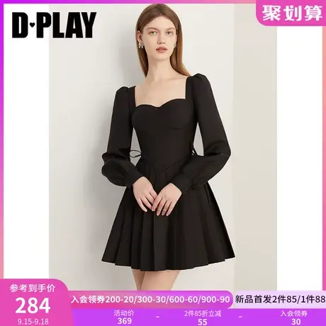 DPLAY2023新法式经典黑鱼骨分割收腰重工压褶泡泡袖连衣裙小黑裙图片
