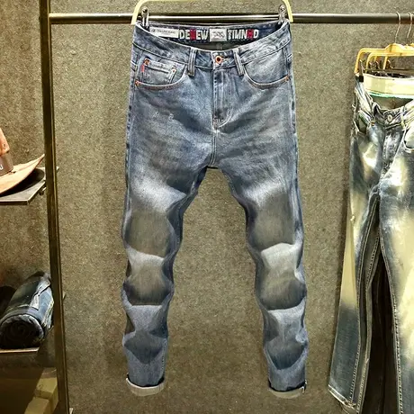 赤耳丹宁牛仔裤男高端复古弹力小脚裤个性潮牌小刺绣修身直筒裤子商品大图