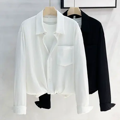 肌理暗条纹宽松衬衫春秋男士长袖白色高级感免烫韩系文艺白色衬衣商品大图