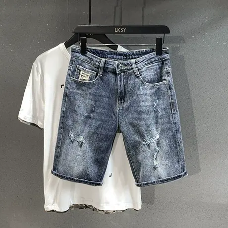 夏季男士牛仔裤宽松直筒短裤潮流弹力破洞潮流百搭日系五分裤中裤图片