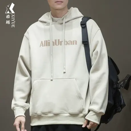 秋冬新款加绒加厚杏色运动卫衣男连帽宽松大码男装春秋款男士外套商品大图