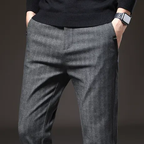 秋冬季男裤加厚款竖条纹磨毛呢裤子男士休闲长裤直筒宽松潮流百搭商品大图