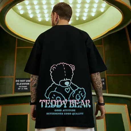 oversize港风潮牌胖子学生宽松短袖T恤男生大码情侣装小熊半袖夏商品大图