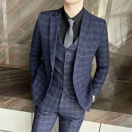 西装男套装韩版修身帅气英伦风艺考格子西服suit婚礼新郎结婚礼服图片