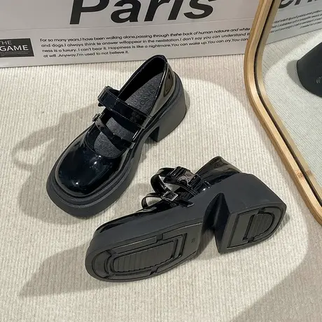 双带搭扣厚底玛丽珍鞋女2023春秋季学院风圆头高跟小皮鞋浅口单鞋商品大图