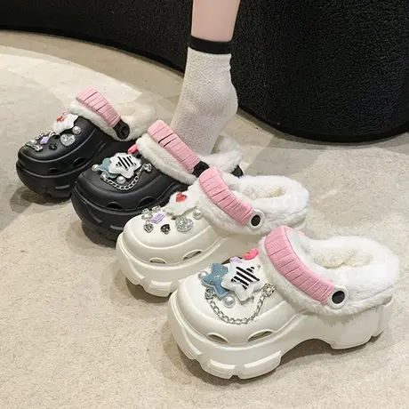 可爱卡通洞洞鞋女外穿2023年秋季新款百搭厚底加绒小个子包头棉拖商品大图