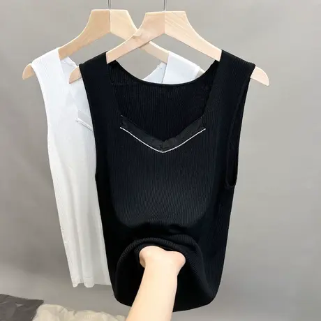蕾丝v领冰丝针织吊带背心女2023春夏秋新款修身打底衫薄美背上衣图片