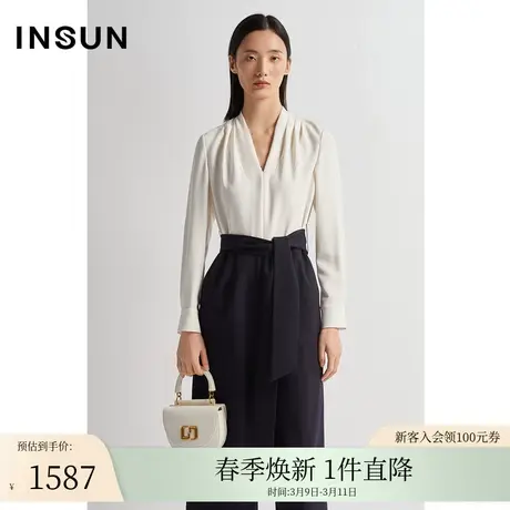 INSUN恩裳秋季黑白配色褶皱收腰连体裤商品大图
