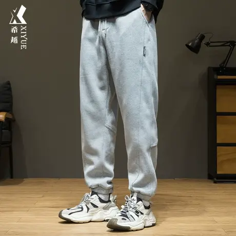 希越纯棉超柔绒春季男束脚卫裤加绒加厚潮流百搭休闲男款运动裤子图片