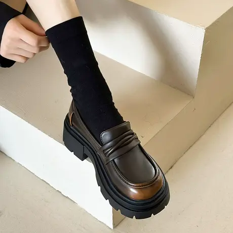 厚底乐福鞋女2024新款春季百搭复古松糕单鞋棕色配裙子英伦小皮鞋图片