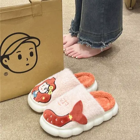 可爱美人鱼棉拖鞋女2024秋冬季新款毛绒保暖防滑室内居家厚底拖鞋商品大图