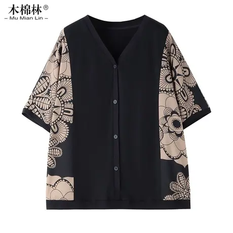 木棉林胖mm大码高端上衣 夏季洋气短袖宽松显瘦气质薄款v领妈妈装商品大图