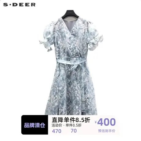 sdeer圣迪奥女装V领收腰晕染网纱泡泡袖连衣裙S223Z12Z5图片