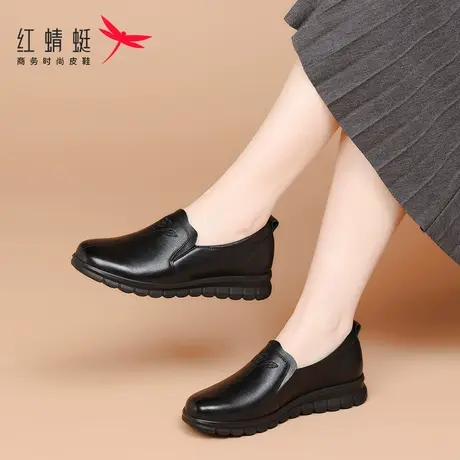 红蜻蜓女鞋春季鞋子休闲一脚蹬软皮软底皮鞋女单鞋真皮妈妈鞋老人商品大图
