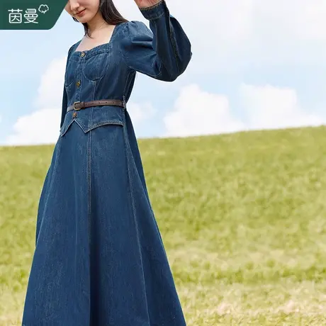 茵曼法式复古方领牛仔裙连衣裙女2023秋冬新款修身显瘦长裙配腰带图片