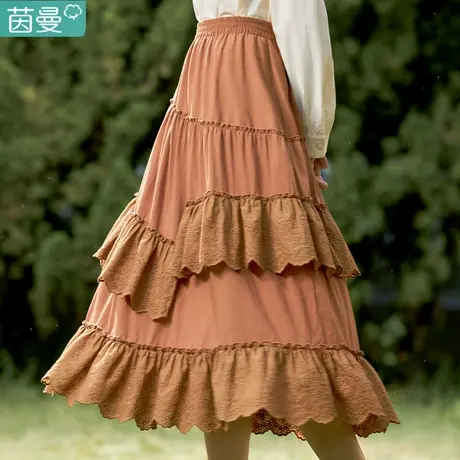 茵曼旗舰店2023春女装新款复古松紧腰叠层绣花荷叶边A字半身裙图片