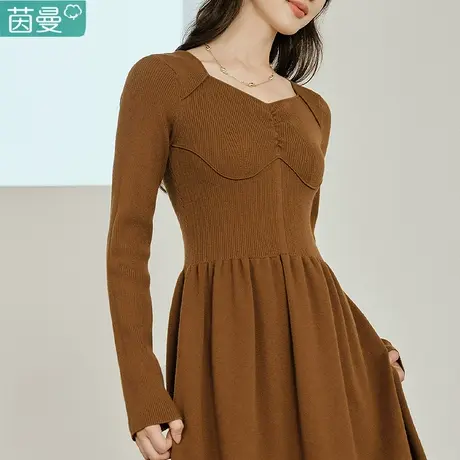 茵曼官方旗舰店长袖针织连衣裙2023女装新款春秋冬收腰中长款裙子图片