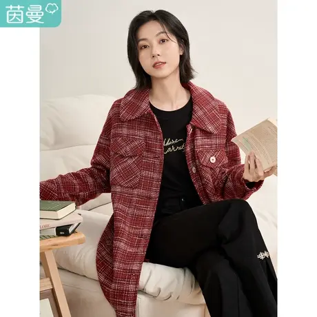【商场同款】茵曼2023春女装新款田园圣诞红色宽松格纹毛呢外套图片