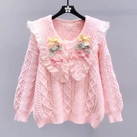 日系甜美海军领蝴蝶结粉色毛衣女秋冬2023新款宽松洋气减龄针织衫商品大图