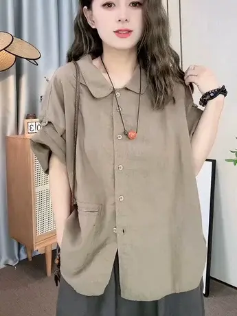 时尚休闲短袖衬衫女2023夏季新款韩版复古文艺宽松Polo领减龄上衣商品大图