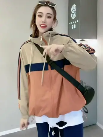 秋季新款撞色宽松时尚外套女2023韩版百搭休闲设计感连帽棒球服商品大图