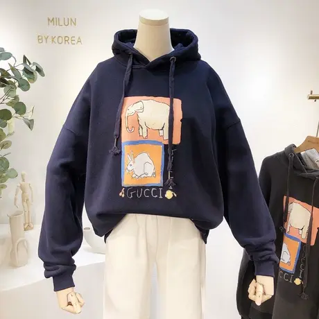 2020秋冬新款韩国东大门ins油画大象连帽加绒加厚卫衣保暖外套女商品大图