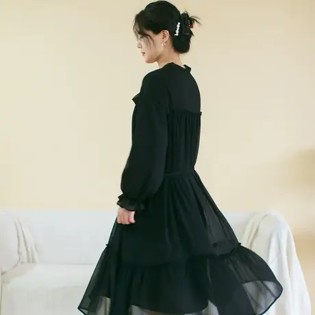 胖妹妹秋季2023新品仿天丝宽松飘逸连衣裙大码微胖宫廷风系带长裙商品大图