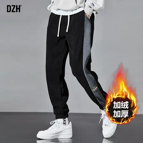 男士拼接灯芯绒裤子男冬季加绒加厚休闲长裤束脚裤潮牌男裤加绒裤商品大图
