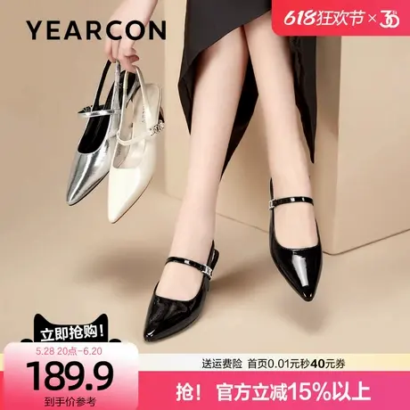 意尔康银色尖头凉鞋女2025春夏季新款粗跟不累脚复古中空玛丽珍鞋图片