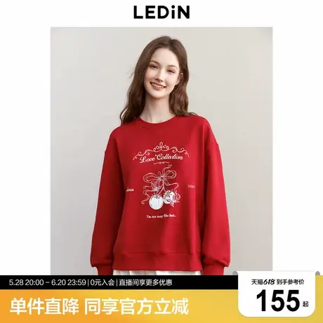 乐町新年红色圆领卫衣2025春季新款宽松卫衣卡通字母印花休闲上衣图片