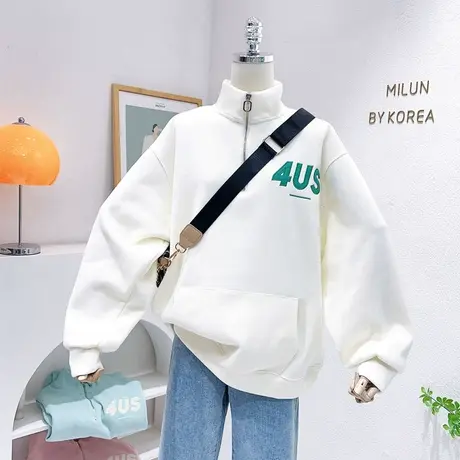 oversize原宿风运动休闲外套2023春款韩版半拉链立领卫衣灰色减龄商品大图