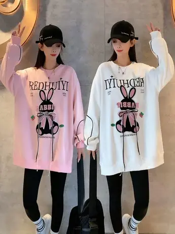 重工蝴蝶结系带印花兔圆领卫衣女2023年春季新款时尚套头别致上衣商品大图