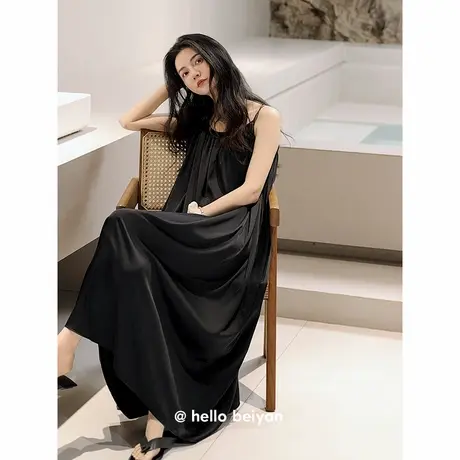 贝妍冰丝睡衣高级黑色睡裙女夏中长款性感吊带仿真丝连衣裙可外穿商品大图