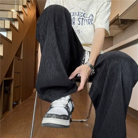 肌理条纹冰丝裤子男款夏季薄款垂感透气休闲长裤宽松直筒大码长裤商品大图