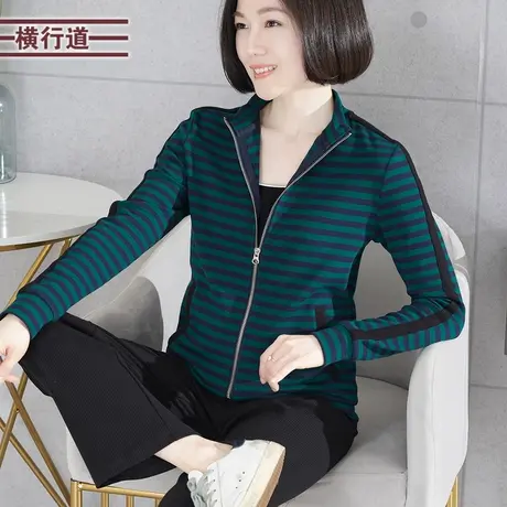 半高领长袖拉链薄外套条纹口袋直筒2023新款拼接休闲女上衣冬小衫商品大图