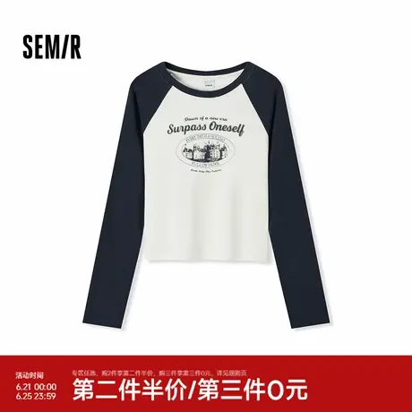 森马长袖T恤女短款插肩袖修身显瘦套头衫秋美式印花字母上衣个性图片