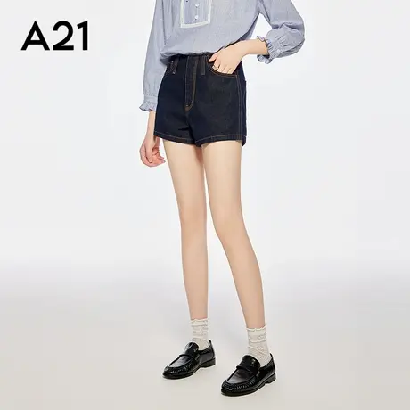 A21女装浅蓝磨白中腰牛仔短裤2025夏季新款简约设计感宽松直筒裤图片