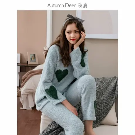秋鹿【半边绒】睡衣女套装长袖圆领羽毛纱甜美爱心春秋家居服秋商品大图