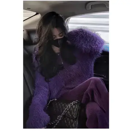 法式慵懒风紫色毛衣秋装2022年新款女套装设计感上衣休闲裤两件套商品大图