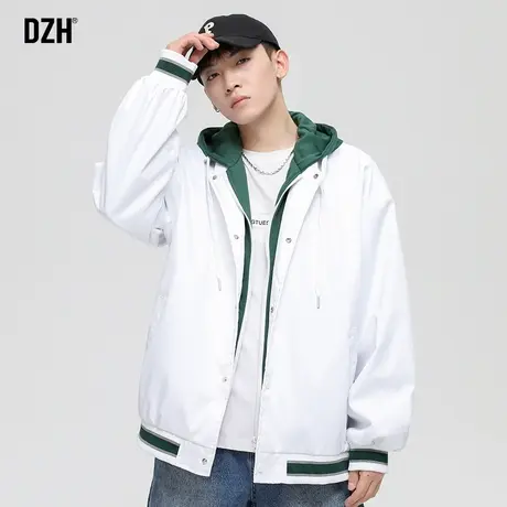 男士白色外套男情侣棒球服男秋季潮牌ins连帽美式假两件休闲夹克商品大图