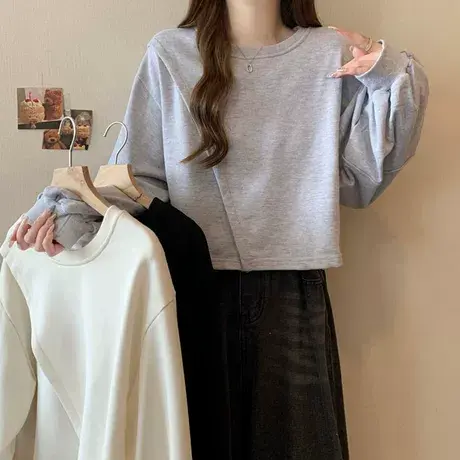 小个子短款无帽圆领卫衣女2025春秋季新款宽松韩版长袖上衣外套潮商品大图