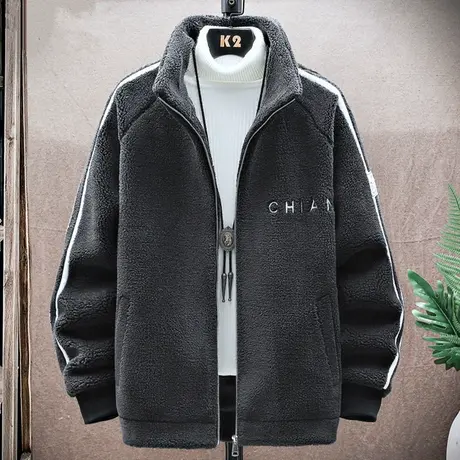 羊羔绒外套男秋冬季刺绣立领摇粒绒夹克男士宽松颗粒绒冬装上衣服商品大图