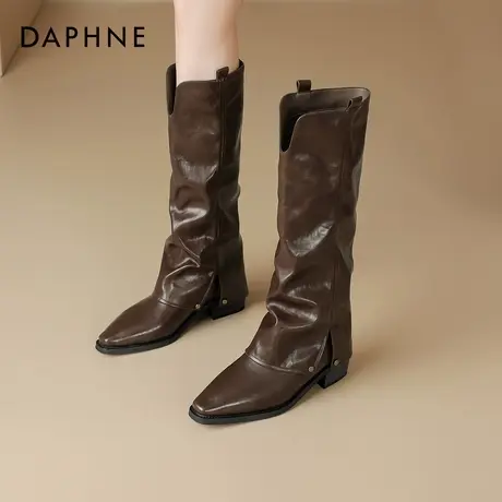 达芙妮棕色长筒靴女冬季尖头高筒堆堆靴子2026新款加绒骑士裤管靴商品大图