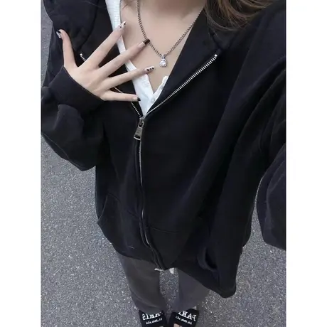 黑色连帽开衫长袖卫衣女2023新款秋装百搭宽松显瘦慵懒风上衣外套商品大图