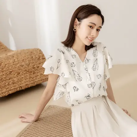 桔熊夏季浪漫洋气小衫V领衬衫花卉印花荷叶袖上衣女大码AB18520商品大图