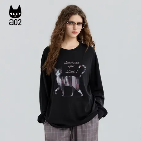 a02黑猫系列宽松圆领长袖T恤女2025新款秋季黑色早秋上衣打底衫商品大图