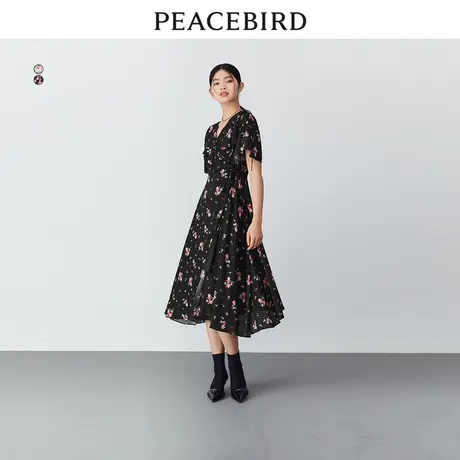 【直播间专享】太平鸟荷花领法式连衣裙波点碎花显瘦高腰a字长裙图片